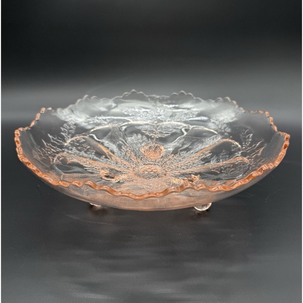 Vintage Fenton Stag and Holly Pink Depression Glass Bowl Scalloped 3-Footed 11"